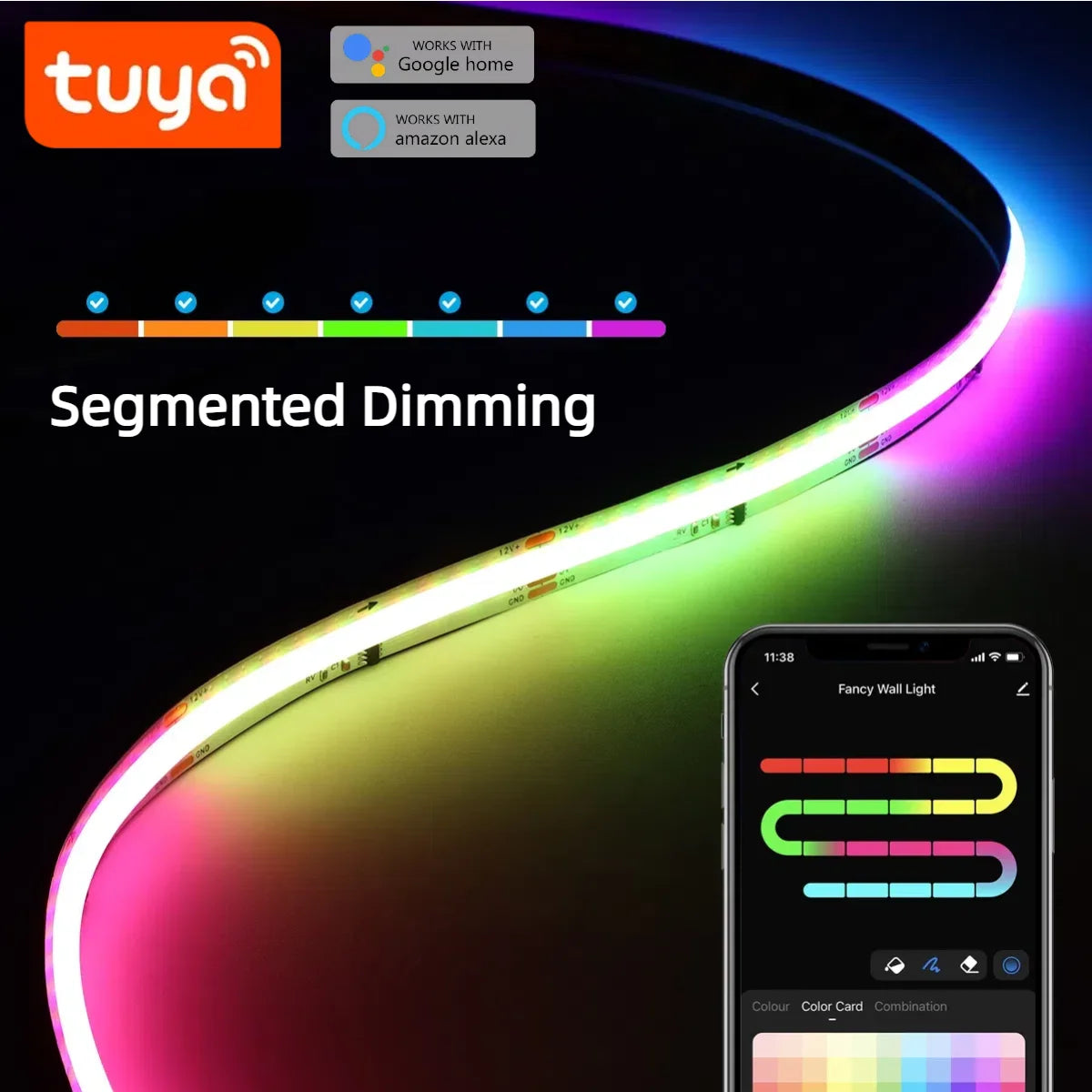 TUYA Smart DC12V RGBIC COB Strip Light 576Leds/M WS2811 Support APP Voice Control Segmented Dimming Alexa Google Home Room Decor