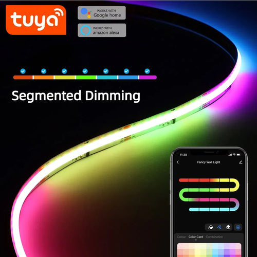 TUYA Smart DC12V RGBIC COB Strip Light 576Leds/M WS2811 Support APP Voice Control Segmented Dimming Alexa Google Home Room Decor